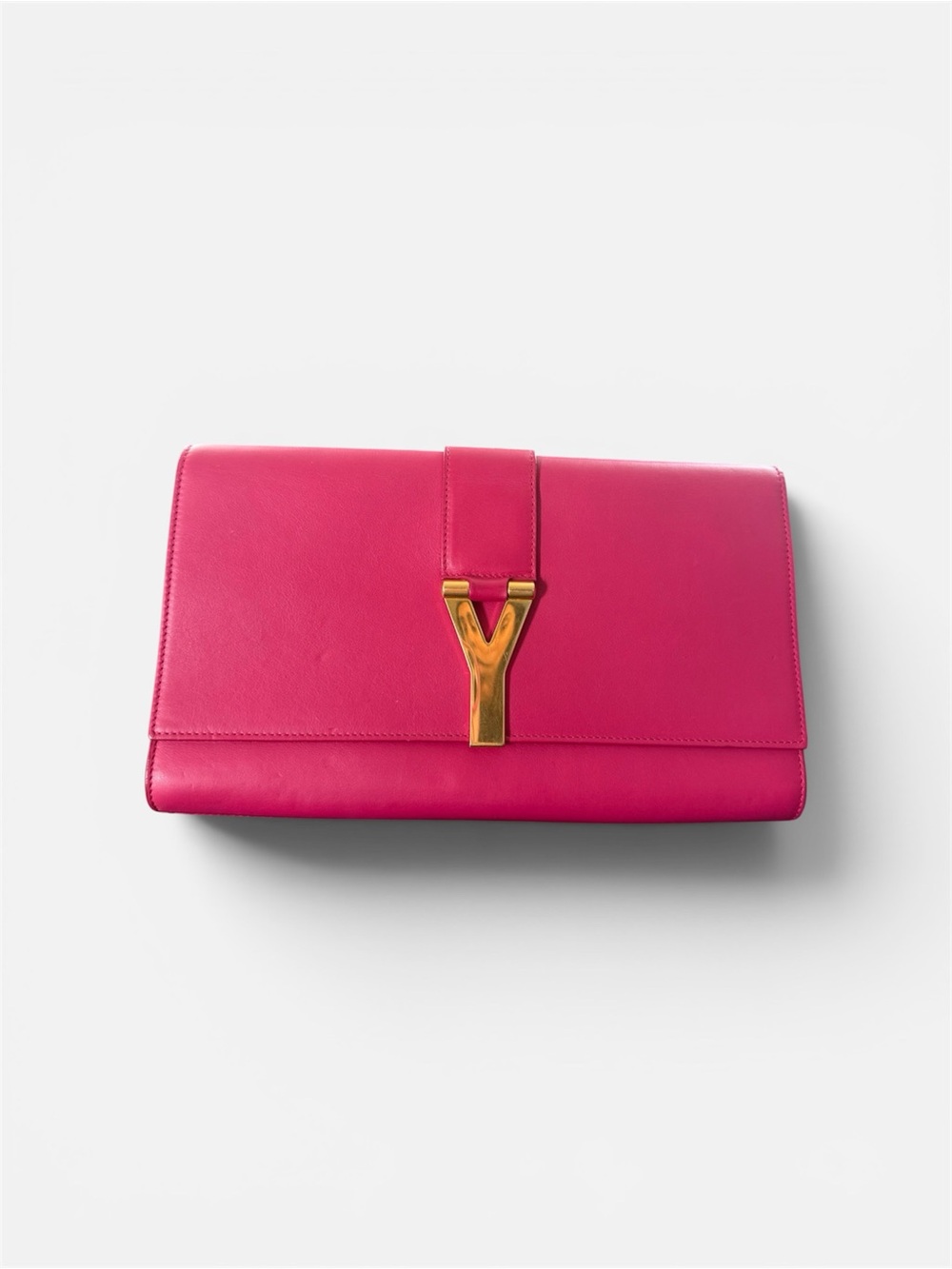 Yves Saint Laurent Hot Pink Leather Clutch with Gold Y Accent